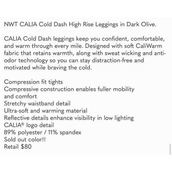 Calia Cold Weather Tight Dark Olive Green Leggings Size XS New - Picture 4 of 8
